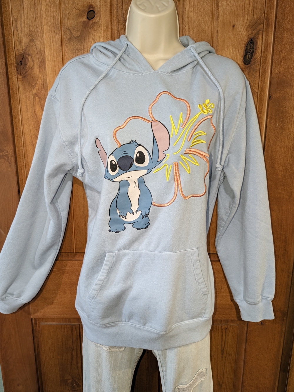 Disney Light Blue Stitch Pullover Hoodie with Sewn Hibiscus Graphic